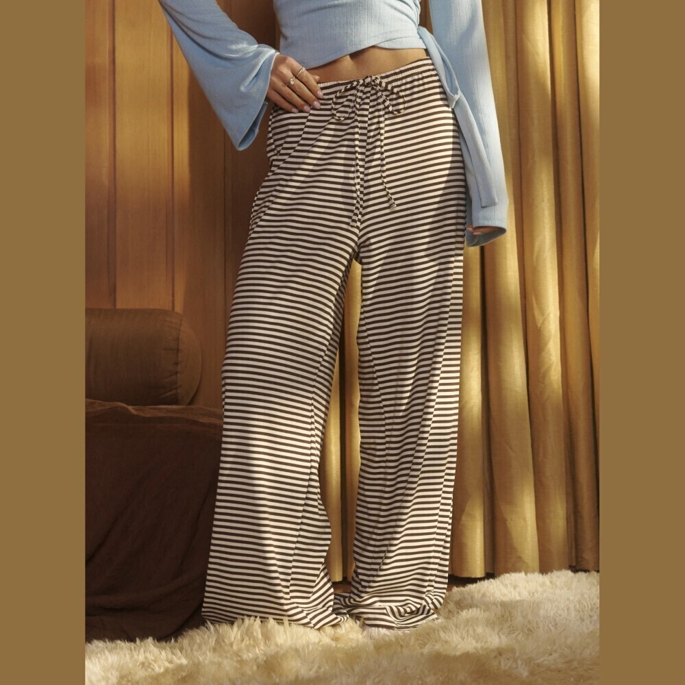 Black and White Striped Drawstring Wide Leg Lounge Pants